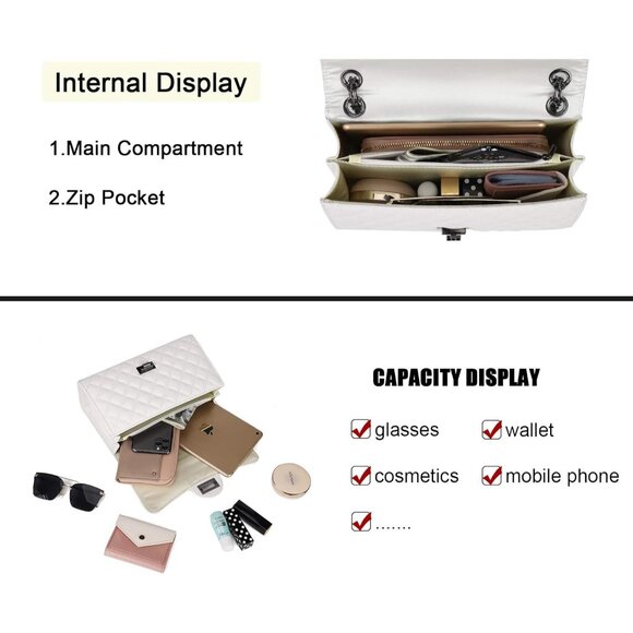 Women White PU Quilted Stylish Crossbody Bag with Chain Strap & Flap Closure - Picture 4 of 6